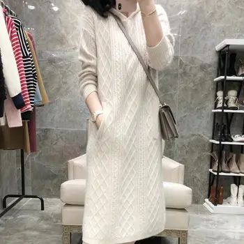 

Women's Hooded Wool Dress Loose Gentle Simple Cashmere Sweater Dress