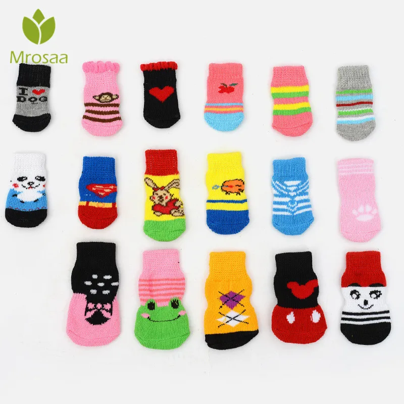 

4PCs/set Soft Acrylic Pet Knits Socks Lovely Warm Puppy Dog Shoes Sock Cartoon Anti Slip Skid socks For Small Dogs Pet S/M/L