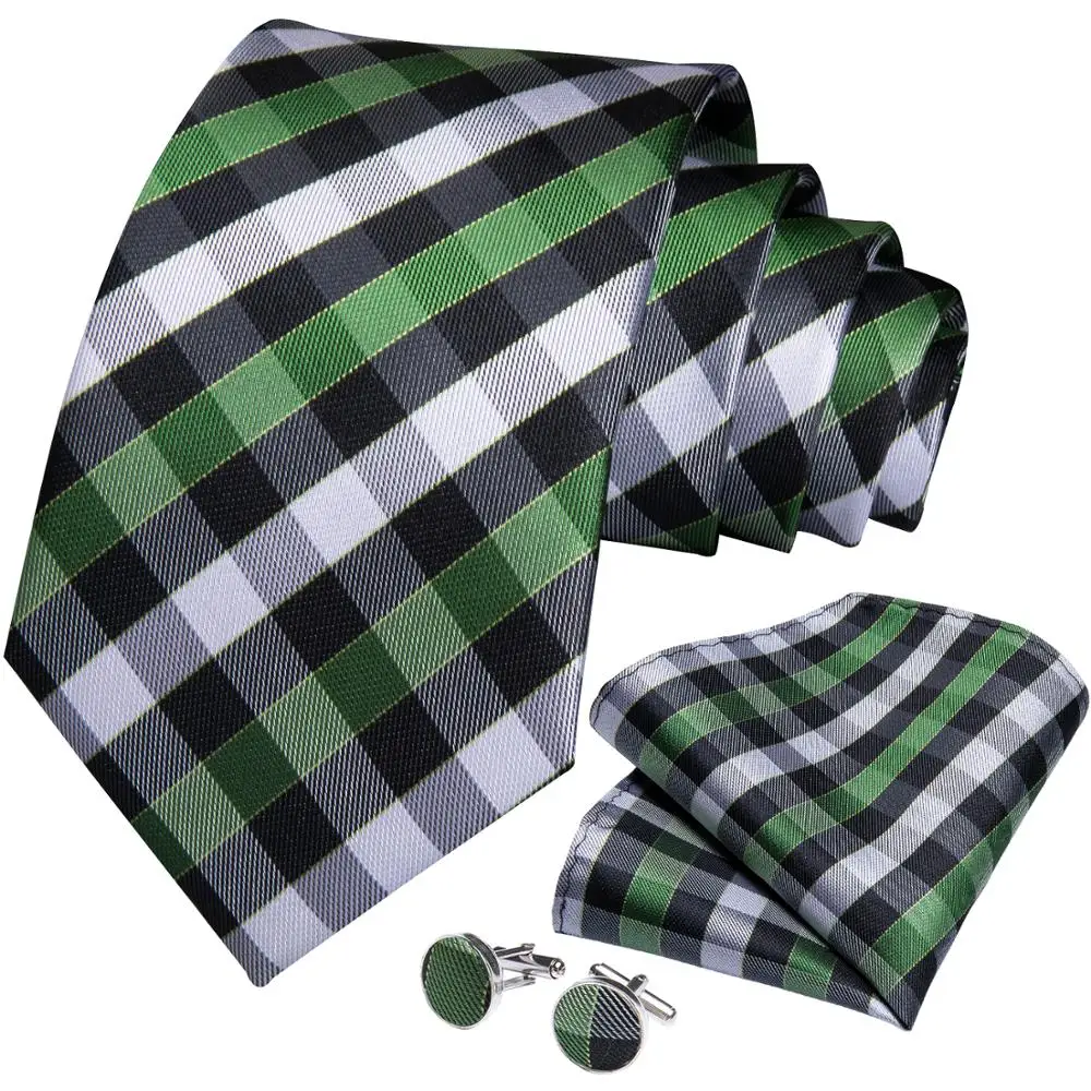 Мужской галстук зеленый серебряный клетчатый Шелковый Свадебный галстук для мужчин платок запонки галстук набор дибангу дизайнер деловые