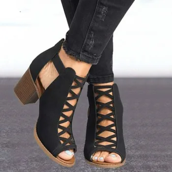 

2020 women square heel Sandals peep toe hollow out chunky gladiator sandals with strap black spring summer shoes