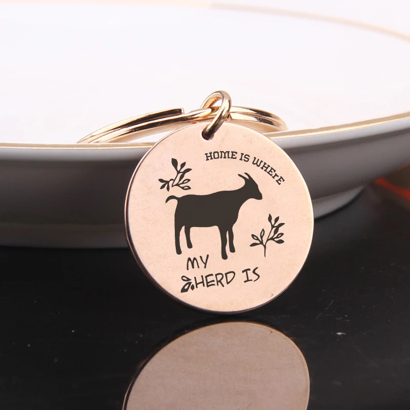 

FLYANGEL New Fashion keyring Keychain Engraved Goat Home Is Where My Herd Is High Quality Key Holder For Farmhouse Charm Gifts