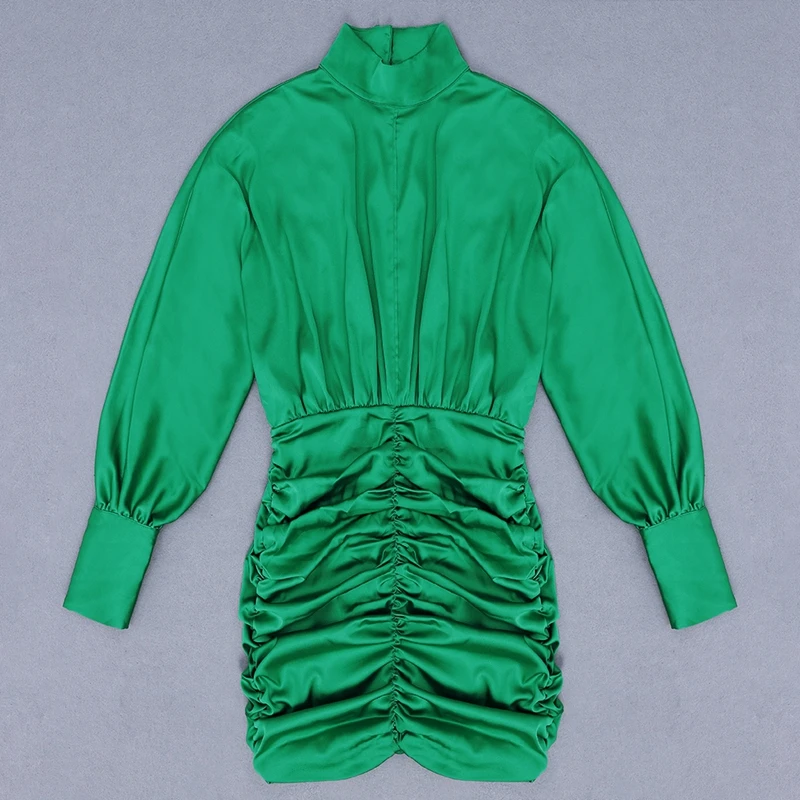 INDRESSME, новинка, сексуальное женское весеннее модное платье, платье со стоячим воротником, Драпированное платье с длинным рукавом, атласное мини-платье, вечерние платья для клуба, зеленое платье