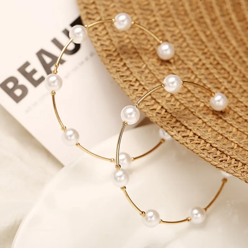 Новые серьги-кольца в стиле бохо, женские серьги с искусственным жемчугом, круглые большие серьги, корейские ювелирные изделия, Золотые и белые серьги Brincos