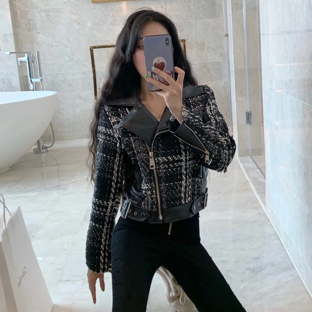 

Korean-style New Style Graceful Fashion Tweed Joint PU Leather Short Jacket Women's Fold-down Collar Versatile Biker Jacket