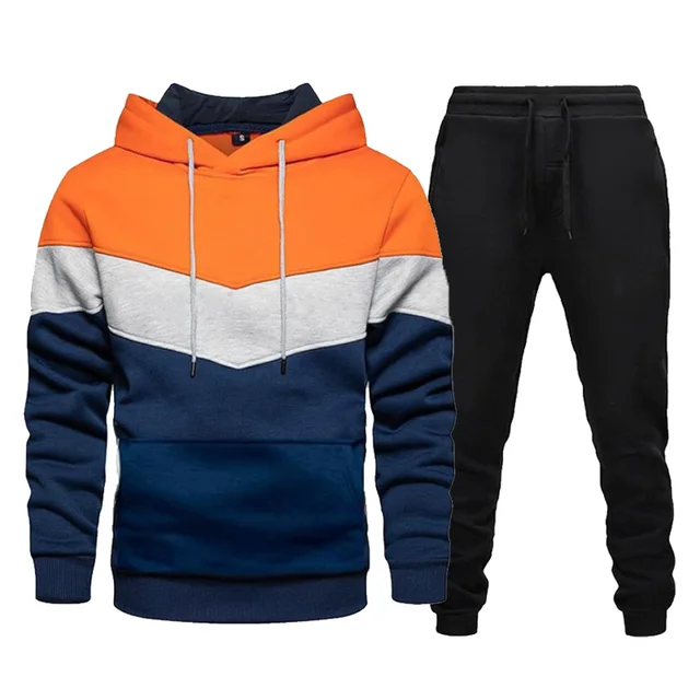Men's Tracksuits Two Piece Sets Color Stitching Hoodie and Pants Fshion Casual Sportswear Autumn Winter New Men's Jogging Suit Orange