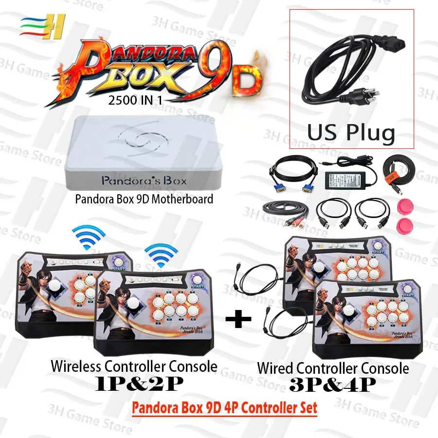 Pandora Box 9D 4 игрока контроллер Набор беспроводной 1P& 2P и проводной 3P& 4 P бой аркадная палка консоль 2500 В 1 есть 3d игры tekken - Цвет: 4P 2KOF 2KOF US