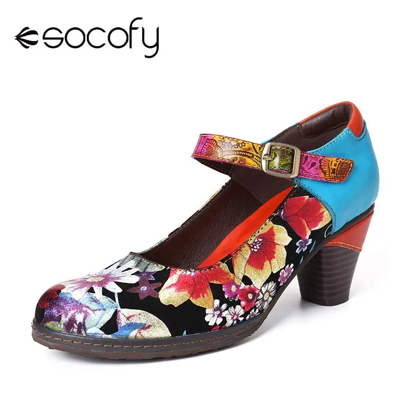 $34.24 Socofy Painted Sunflowers Genuine Leather Elegant Mary Jane Pumps Ladies Shoes Exquisite Women Shoe