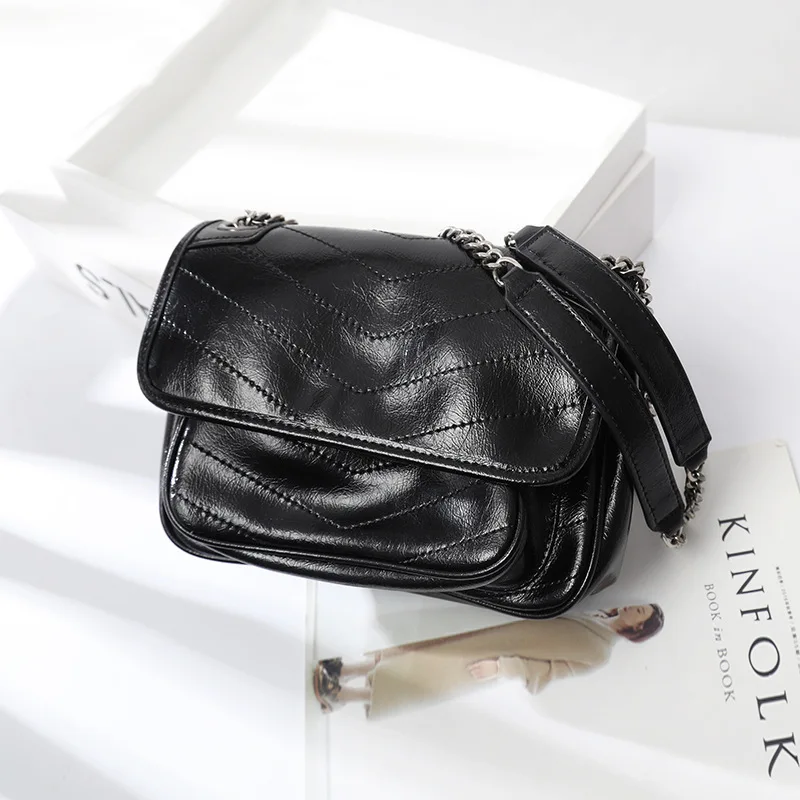 

2019 New Style Western Style Oil Wax Cowhide Large-Volume Messenger Bag Retro Double Chain WOMEN'S Bag Crossbody Bag
