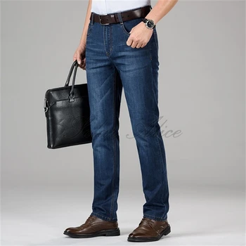 

Free shipping 2020 men's four seasons new high waist straight jeans business middle-aged loose elastic casual pants high-end