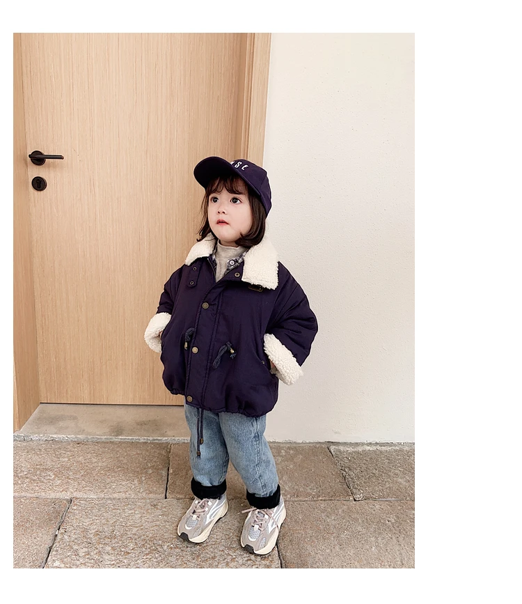 Пальто с хлопковой подкладкой для девочек Новинка зимы года, детское плотное теплое пальто с бархатной подкладкой из овечьей шерсти куртка для маленьких девочек с воротником для От 1 до 6 лет