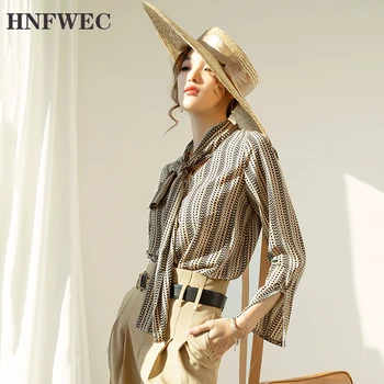 

Spring Autumn 2020 Women Pattern Printed Chiffon Blouse New Bow Collar Long Sleeve Loose Fit Shirt Fashion Tide T039