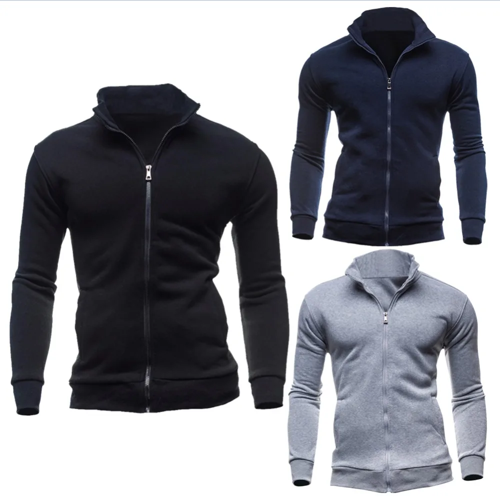 Men Autumn Long-Sleeves Stand Collar Cardigan Zipper solid color Sports Sweatershirt Coat