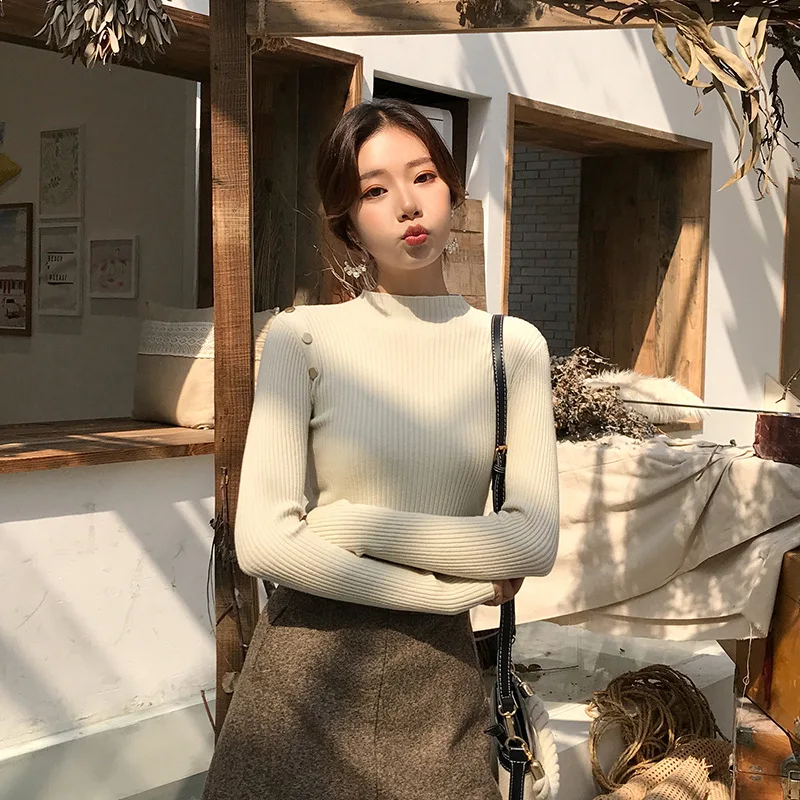 Apricot Autumn winter new solid interior sweater tight half high collar button long sleeve knitwear women's slim Pullover sweater - Цвет: Apricot