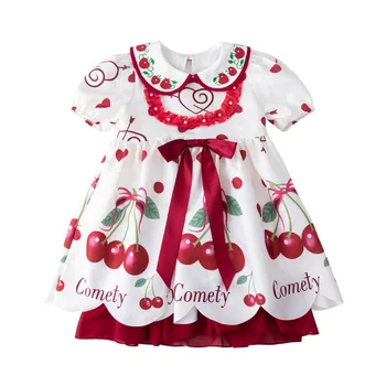 

Kids Cherry Printed Dresses 3PCS Lolita Girls Dress Baby Princess Infant Birthday Baptism Ball Gowns Children Boutique Clothes