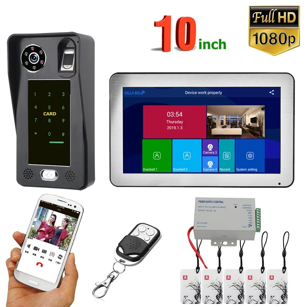 10 inch Wifi Wireless Fingerprint IC Card Video Door Phone Doorbell Intercom System with Wired AHD 1080P Door Access Control S