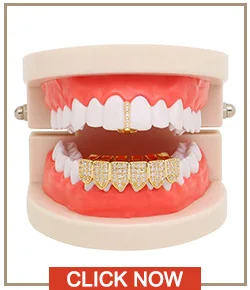 LuReen Iced Out Grillz Vampire Fangs Grillz Top Bottom Gold Teeth Hip Hop Tooth Caps CZ Crystal Bling Grillz Rapper Jewelry
