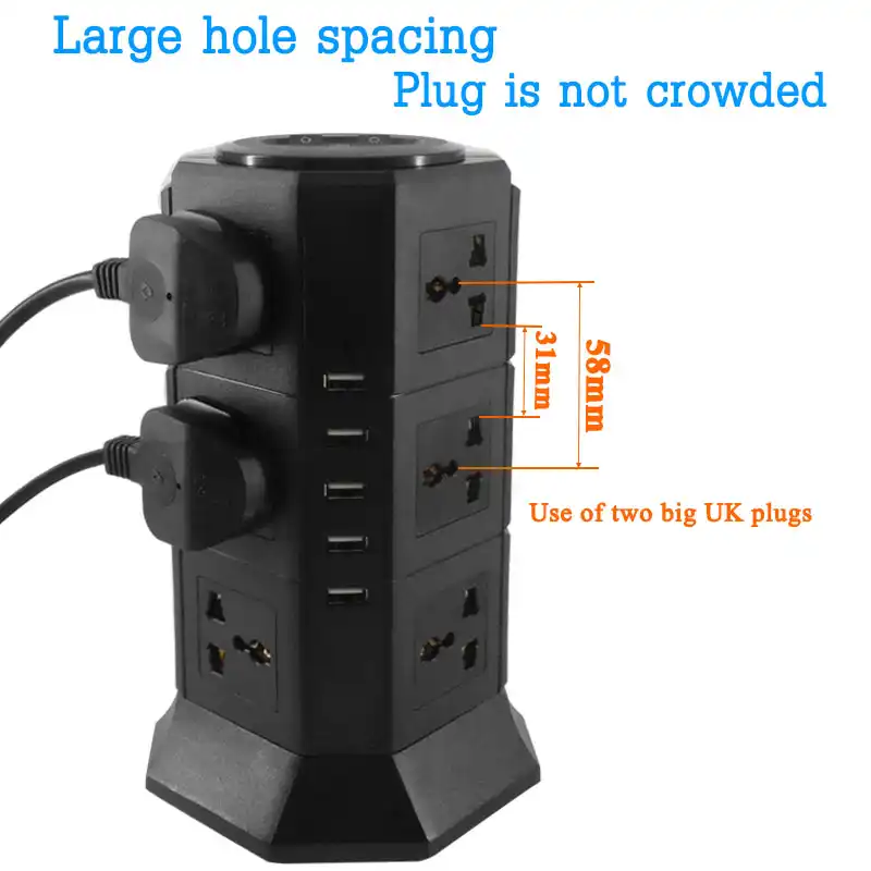 Vertical Tower Desktop Socket 12AC EU Socket Plug 5USB Power Strip Overload//Surge Protector Multi Extension Socket 2M Cord