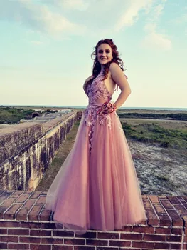 

Colorful Charming Sexy Sleeveless Tulle A Line Long Prom Dresses 2019 Halter Lace Up Appliques Floor Length Prom Dress