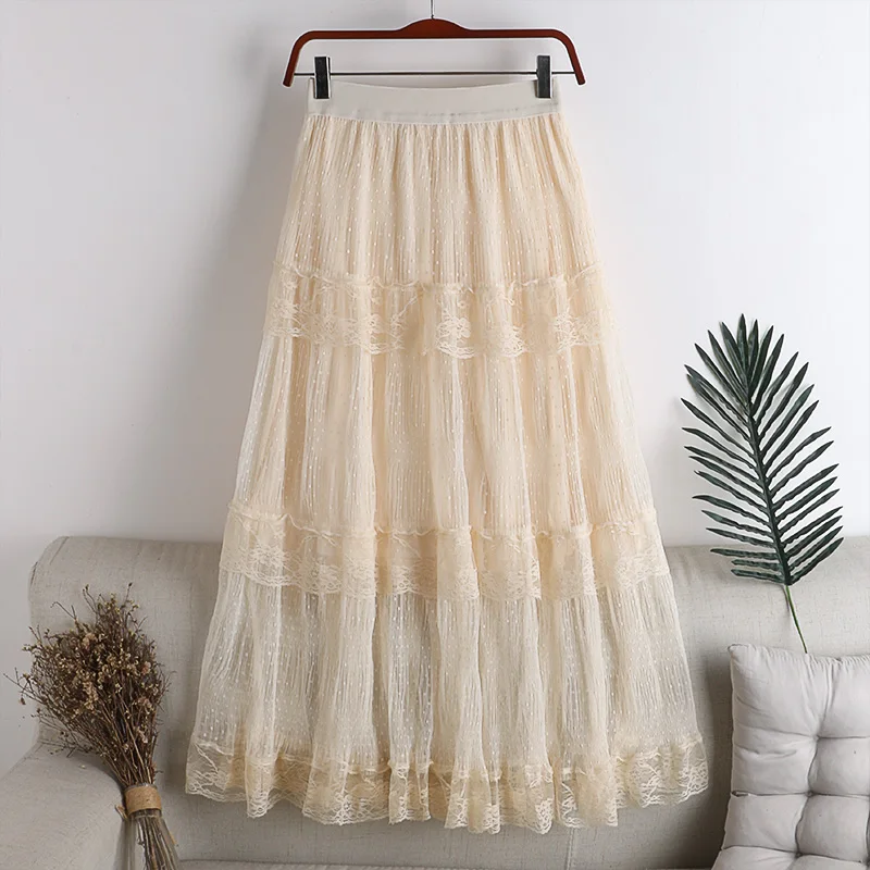 

Faldas Mujer Moda 2020 New Autumn High Waist Patchwork Lace Woman Midi Skirts Korean Style Women Sweet Mesk Skirts Jupe Femme