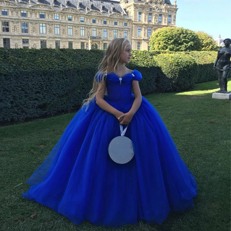 Beautiful Royal Blue Cinderella Girls Pageant Dresses Off-Shoulder