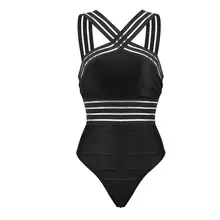 Sexy Black Striped One Piece Bikini Women's Bandage Push Up Monokini Swimwear Swimsuit Beach Triangle Bathing Suit 