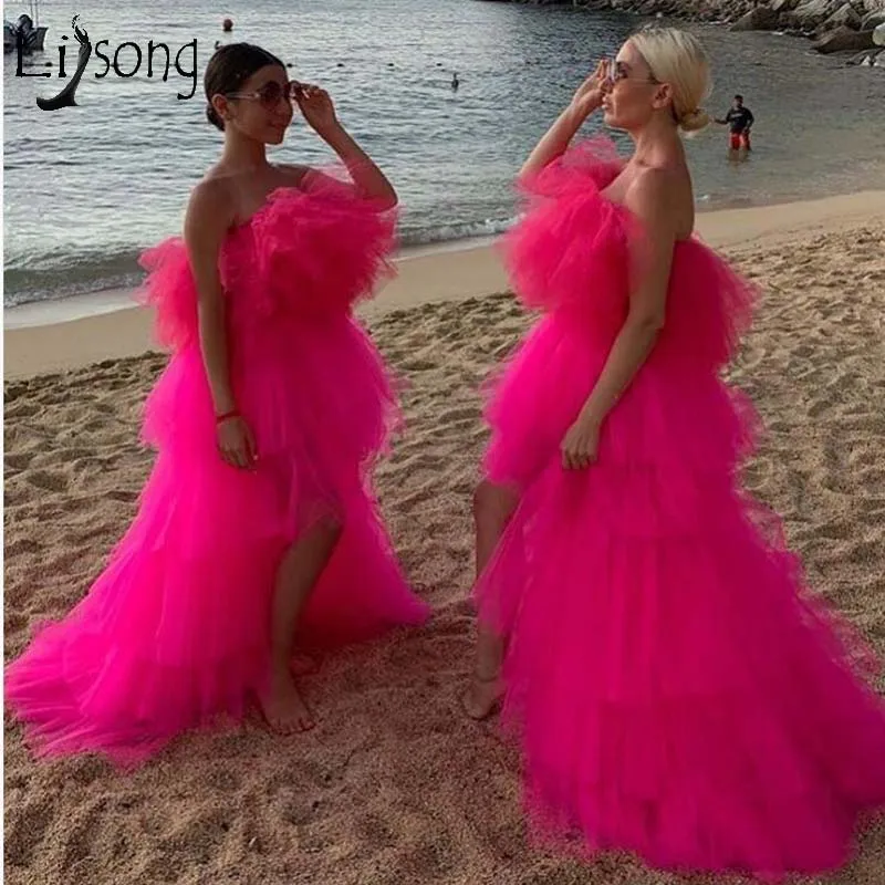 

2019 Abendkleider Fuchsia High Low Tutu Prom Gowns Puffy Off The Shoulder Tiered Ruffles Formal Dresses African Fashion Gown