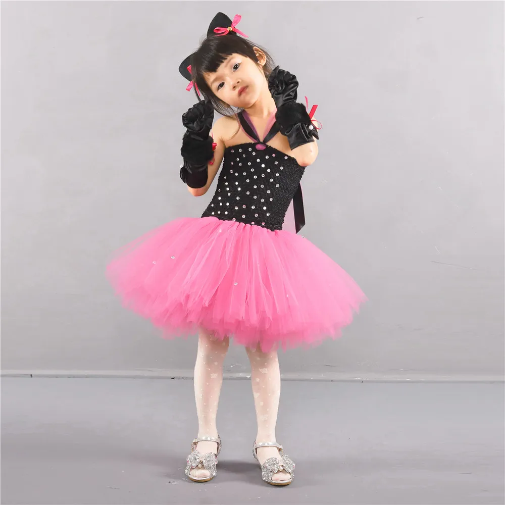 dress with gloves Шикарные детские платья для костюмированной вечеринки с мультяшным котом для девочек на Хэллоуин, вечерние платья с черным котом, комплект с ушами, детские платья-пачки для девочек на день рождения - Цвет: dress with gloves