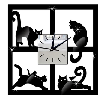 

Wall clock home kitchen mute scan 3D cat mirror black wall clock modern design home decoration watch wall sticker L522