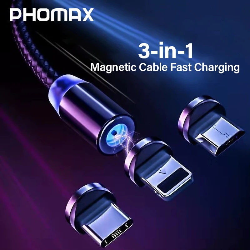 Магнитный кабель PHOMAX USB 3 в 1 м для iPhone X Xs Type C и Micro нейлоновой оплетке Samsung S9 8 Xiaomi