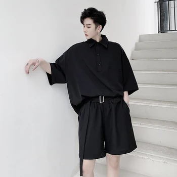 

EWQ / men's wear summer oversize wide turn down collar t-shirt + elastic waist shorts 2020 new male's two-piece set 9Y2291