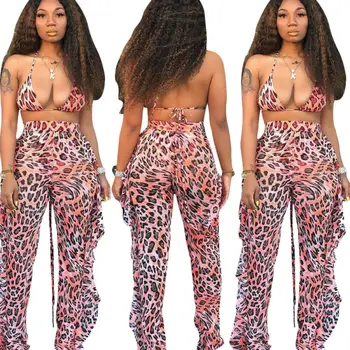 

Women Pink Leopard Boho 2 Pcs Oufits Halter Set Bandage Crop Tops + Bodycon Trousers 2020 Summer Beach Suit Trand Dropshipping