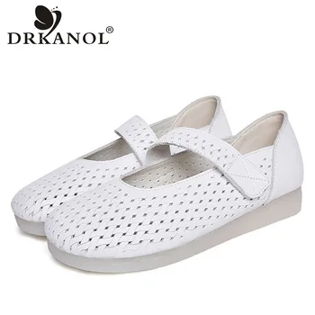 

DRKANOL New Ladies Summer Flat Shoes Soft Genuine Leather Women Loafers Shoes Simplicity Openwork Breathable White Nurse Shoes