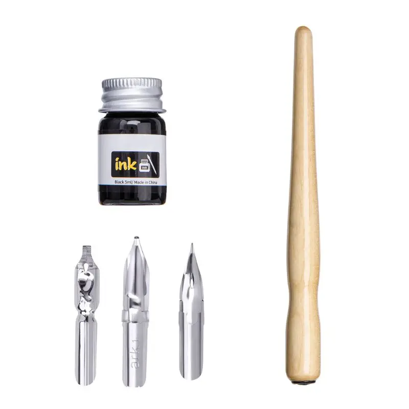 

Manga Dip Pen Set Comic Pro Drawing Kit 3 Nibs Wood Holder Ink Calligraphy Tools U4LD