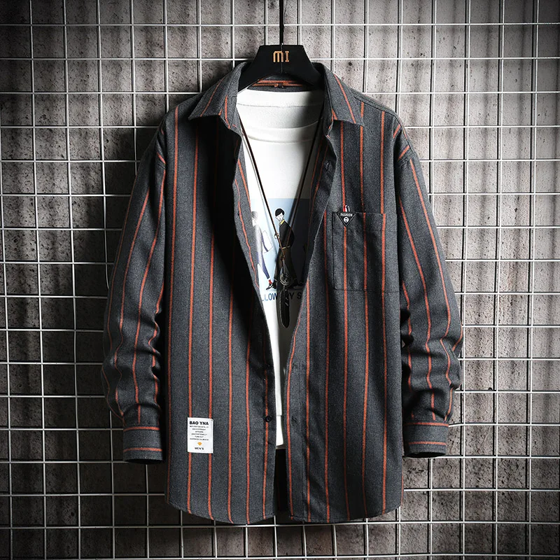 

2019 Summer Casual Streetwear Long Sleeve Fashion Korean Style Striped Hooded Mens Shirt