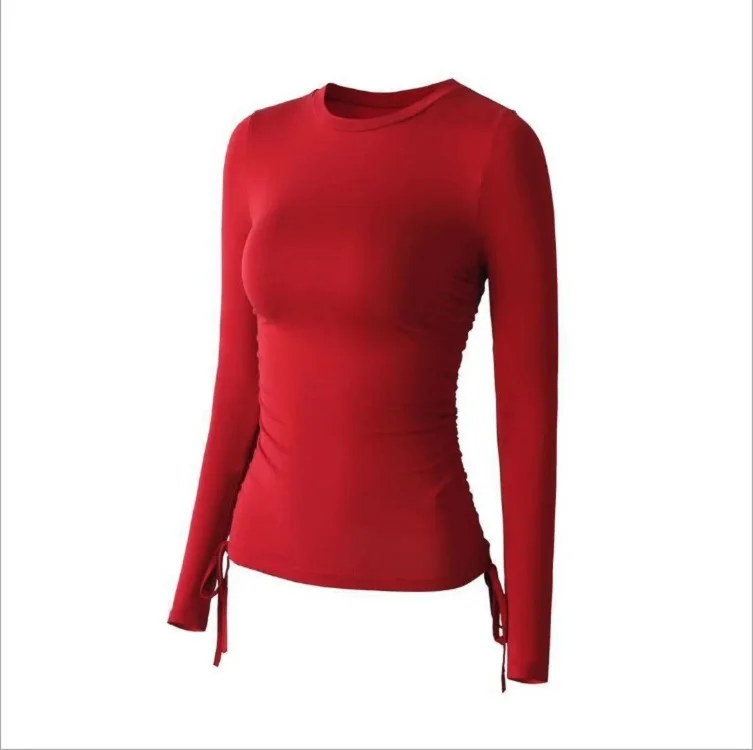 Side Drawstring Long Sleeves Autumn Winter Women O Neck Yoga Shirts Breathable Quick Dry Solid Color Running Fitness T-shirts