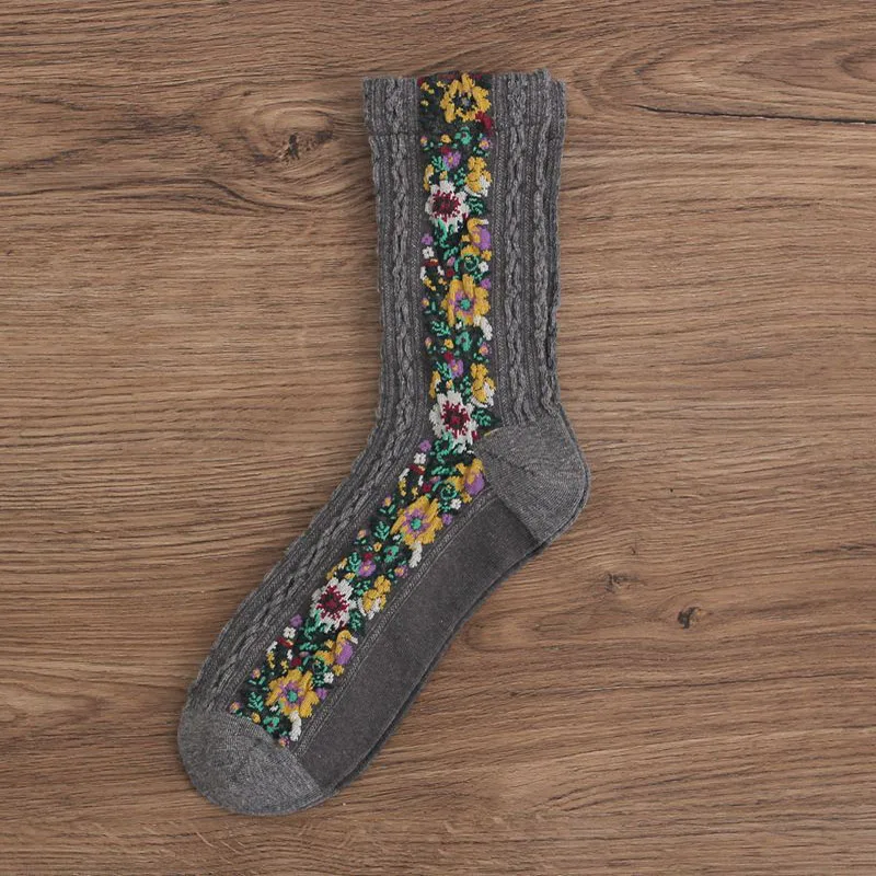 CA080 5 пар/упак. винтажные этнические хлопковые носки с цветком, осенние зимние женские носки, цветные Специальные удобные повседневные носки