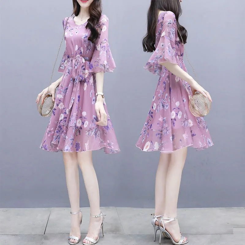 

Floral-Print Dress Women's Summer 2020 New Style Slim Fit Elegant Slimming Mid-length V-neck Flounced Skirt