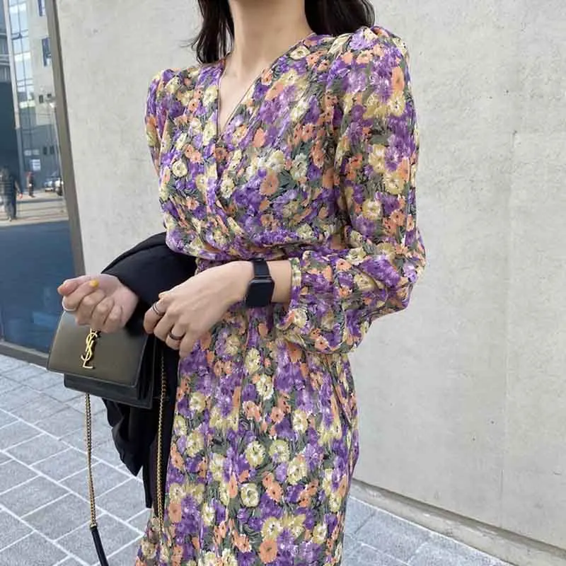

New Spring Autumn Korean Sweet Fashion V-Neck Floral Print Elastic Waist Women Dress Vintage Long Sleeve Female Chiffon Dresses