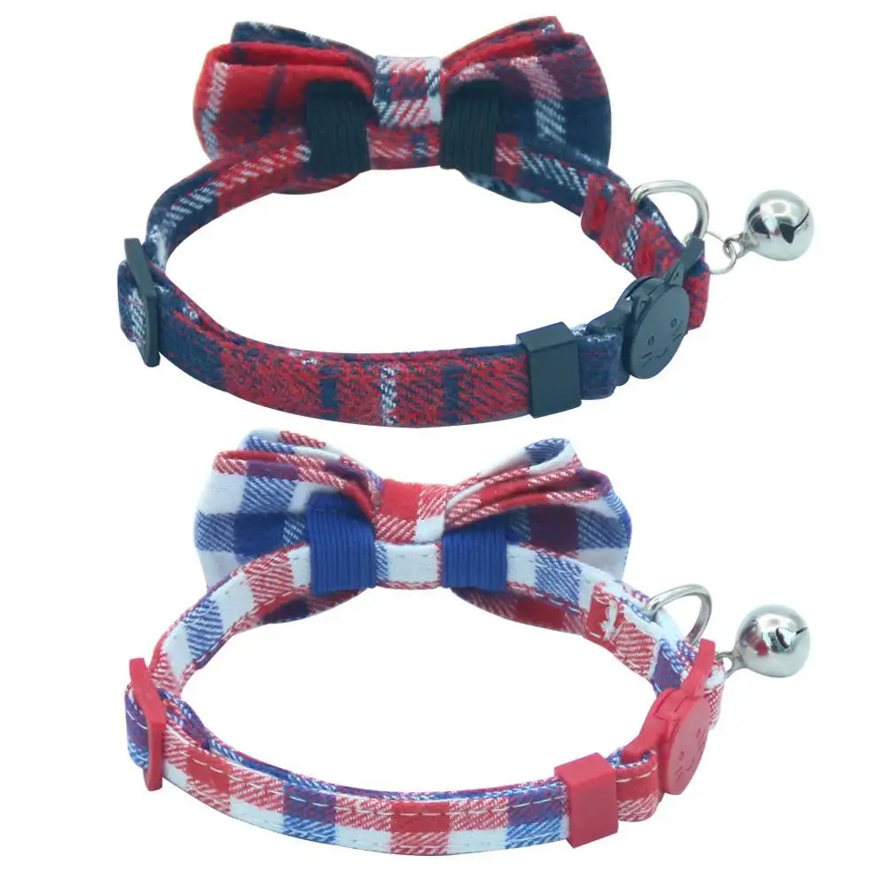 Cute Bowtie Cat Collar Breakaway with Bell Plaid Collar Set for Kitty Puppy Adjustable 7.8-10.2"