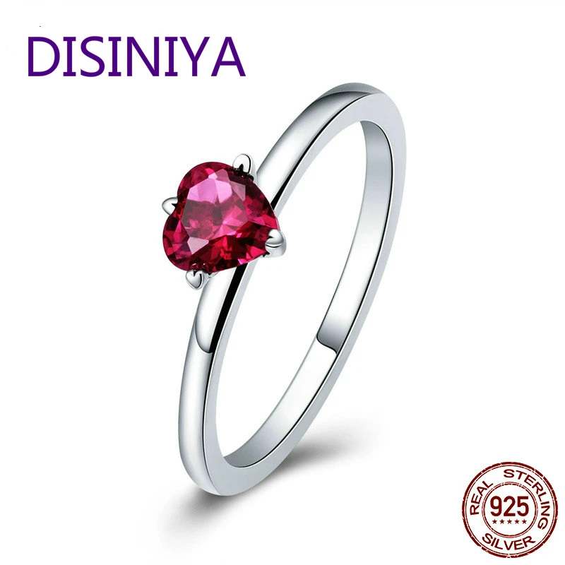 

DISINIYA 925 Silver Coin Red Heart Pavi Crystal CZ Ring Fashion Female Valentine's Day Wedding Gift Jewelry Sc389