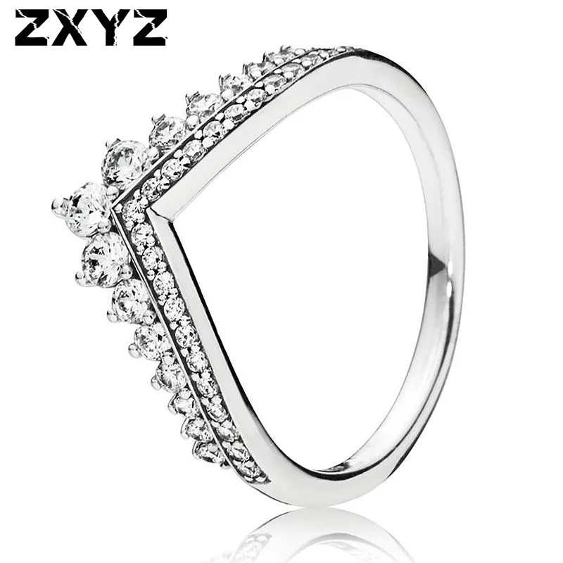 

Original 925 Sterling Silver Ring Princess Wishbone With Crystal Rings For Women Wedding Party Gift Europe Fashion Jewelry