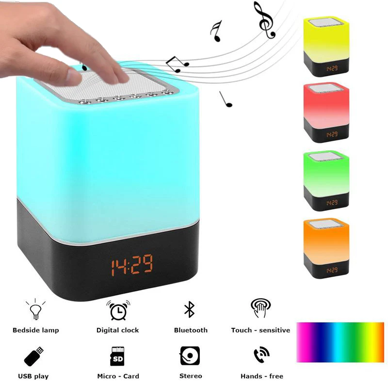 

Car Speaker Touch-Control Bedside Lamp with Wireless Bluetooth Speaker Table Alarm Clock Bluetooth with Changing Led Night Light