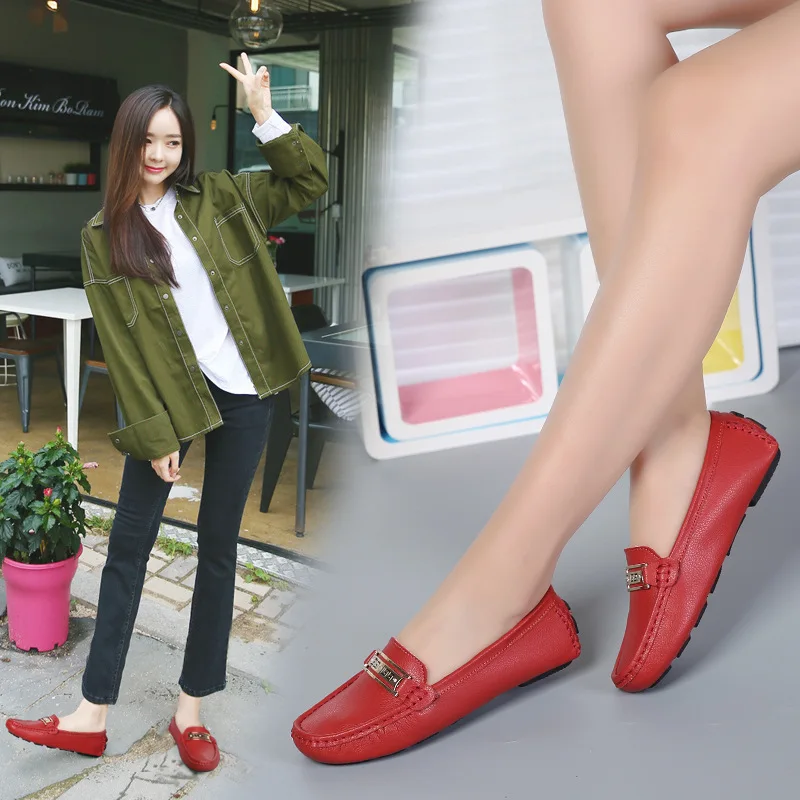 

Four Seasons Paragraph WOMEN'S Genuine Leather Shoes Casual Versatile White Shoes Base Slip-on ji che xie Buckle Nurse Shoes Moc