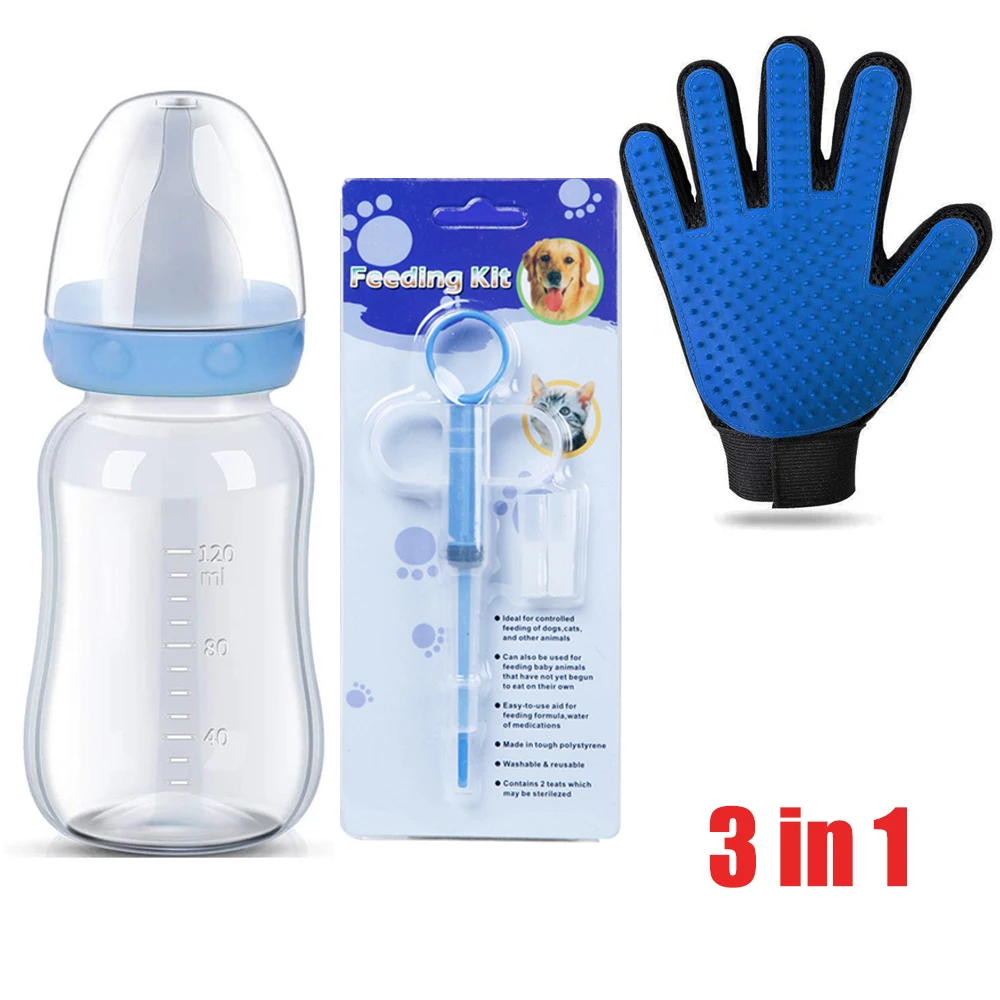 

3 in 1 Pet Nursery Kits 4oz Pet Nursing Bottle for Newborn Kittens Puppies Small Animals Dog Cat Bottle Feeding Kit Pills