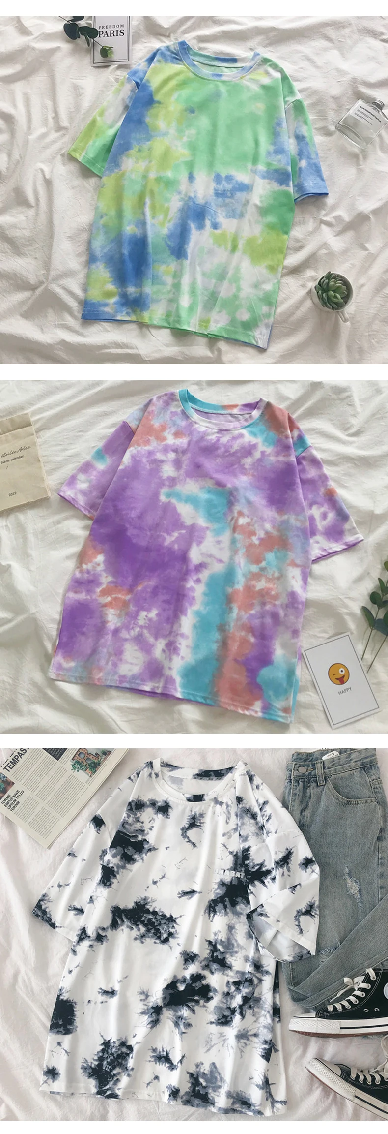 Womens Harajuku T-shirt O-neck Short-sleeved Crop Top Loose Short Tshirt Casual Printing Gradient T-shirt Ladies Camiseta