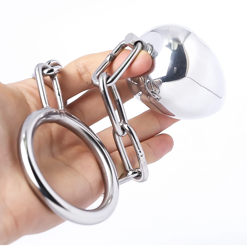 Male Stainless Steel Anal Plug with Cock Ring Penis Ring Chastity Device Ball Stretcher with Chain Adult Game Sex Toys for Men