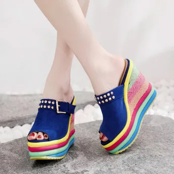 

High Quality New Muffin Genuine Leather Woman Shoes Fashion Color Gorgeous Waterproof Platform Wedge High-heeled Female Sandals