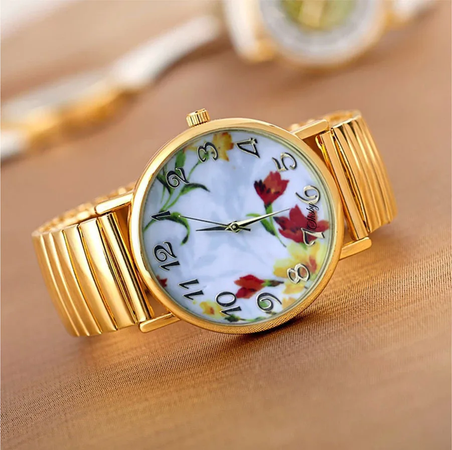 Shsby Hot Sale  High Quality Gold Elastic Stainless Watches Women Dress Quartz Wristwatch New Arrival Ladies Flower Watches 3