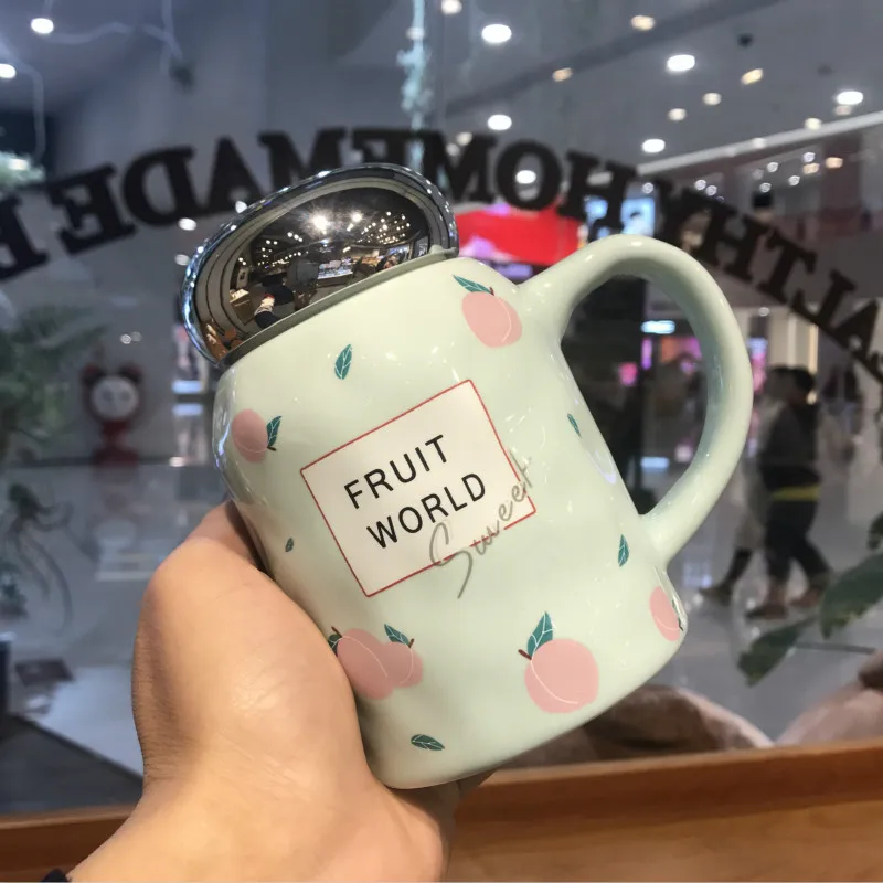Peach Кофейная кружка, керамическая чашка для фруктов, креативная Милая большая емкость для сока молока, чайная чашка для воды с крышкой, посуда для напитков - Цвет: Peach