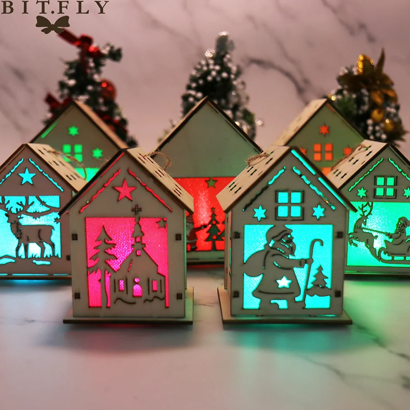 Новогодние рождественские украшения для дома DIY светящаяся каюта рождественский дом, заснеженный Лось с светлым деревянным украшением для дома